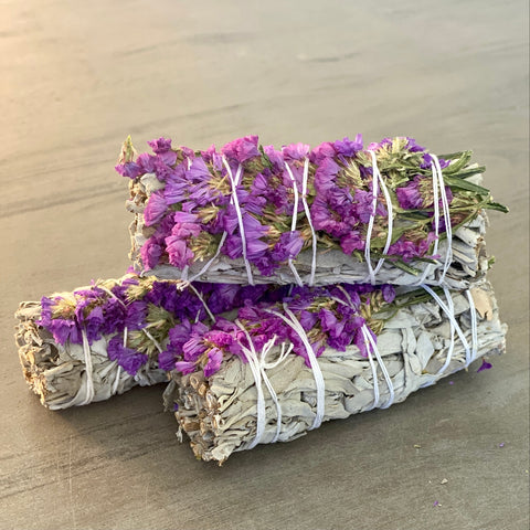 white sage + purple flowers smudge sticks