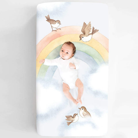 rainbow + birds - cotton sateen crib sheet